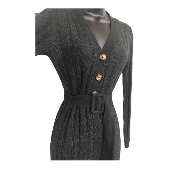 Lucky Brand dark charcoal chunky knit belted v-neck sweater dress size small new - Picture 11 of 12